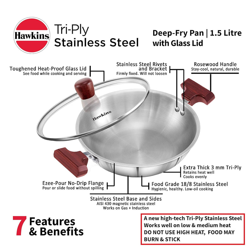 Hawkins 1.5 Litre Deep Fry Pan, Triply Stainless Steel Kadai with Glass Lid, Flat Bottom Induction Kadhai, Small Kadai, Silver (SSD15G)