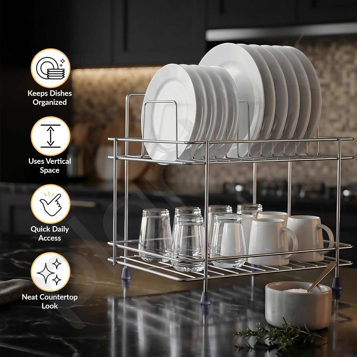 Plantex Stainless Steel Utensils Drying Rack/2-Tier Dish Rack/Plate Drying Rack for Kitchen Countertop/Bartan Stand - Chrome (13 x 8.5 x 12 Inch)-6
