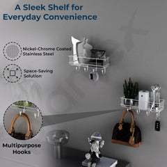 Plantex Stainless Steel Self Adhesive Bathroom Shelf/No Drill Bathroom Organizer with Hooks/Washroom Shelf- Pack of 1(Chrome)-3