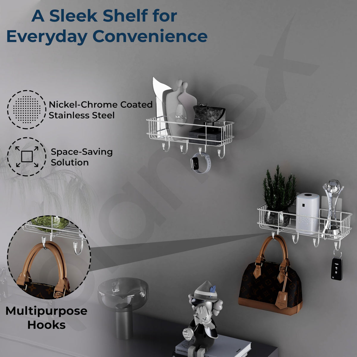 Plantex Stainless Steel Self Adhesive Bathroom Shelf/No Drill Bathroom Organizer with Hooks/Washroom Shelf- Pack of 1(Chrome)-3