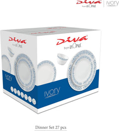 La Opala Diva Ivory Collection Opal Glass Crockery | for Family of 6 | Dinner Set 27 pcs Golden Fall | Plates & Bowls for Dining | Microwave Safe | 100% Vegetarian | Extra Strong | Light & White
