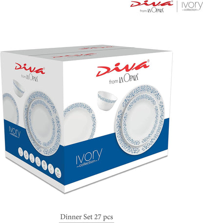 La Opala Diva Ivory Collection Opal Glass Crockery | for Family of 6 | Dinner Set 27 pcs Golden Fall | Plates & Bowls for Dining | Microwave Safe | 100% Vegetarian | Extra Strong | Light & White