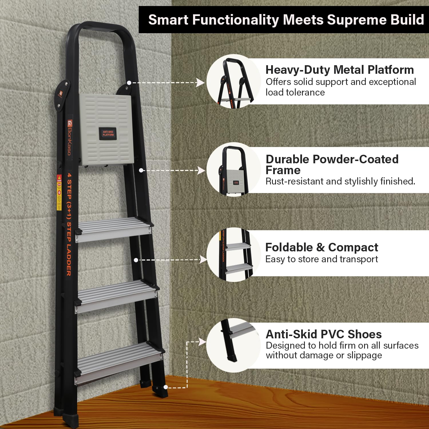 Bonkaso Climb Lite Pro 4 Steps Foldable Aluminium Ladder, upto 120kg Load Capacity, Multipurpose ladder for home & office, Anti-Skid Steps, Heavy Duty Platform, 5 Years Warranty (141h x 46w Cms) Black