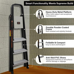 Bonkaso Climb Lite Pro 4 Steps Foldable Aluminium Ladder, upto 120kg Load Capacity, Multipurpose ladder for home & office, Anti-Skid Steps, Heavy Duty Platform, 5 Years Warranty (141h x 46w Cms) Black