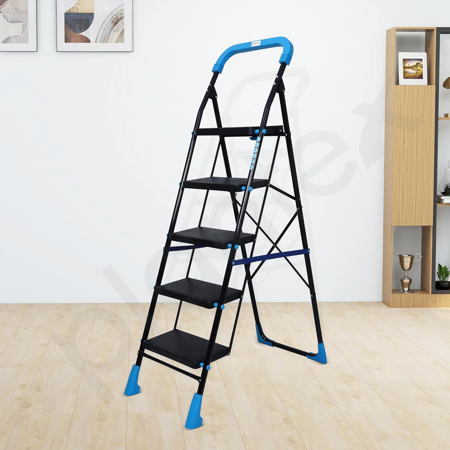 Plantex Stylo Heavy-Duty Mild-Steel Folding 5 Step Ladder for Home with Advanced Locking System/Wide Anti-Skid Step Ladder (Black & Blue)
