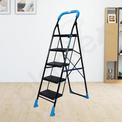 Plantex Stylo Heavy-Duty Mild-Steel Folding 5 Step Ladder for Home with Advanced Locking System/Wide Anti-Skid Step Ladder (Black & Blue)