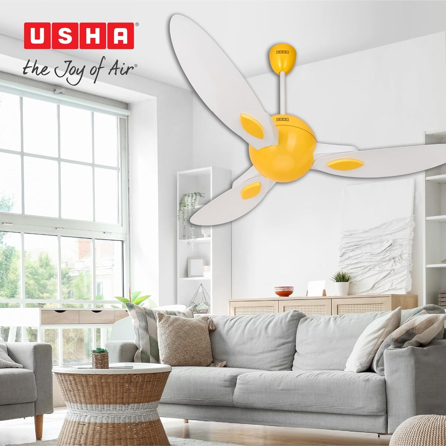 USHA New Bloom Series Plumeria (Inspired by Plumeria) BLDC Ceiling Fan with Bi-Directional Feature | Sleep/Boost/Timer Modes | RF Remote | Whisper-Quiet | Dust-Resistant (white & Saffron Yellow)