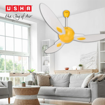 USHA New Bloom Series Plumeria (Inspired by Plumeria) BLDC Ceiling Fan with Bi-Directional Feature | Sleep/Boost/Timer Modes | RF Remote | Whisper-Quiet | Dust-Resistant (white & Saffron Yellow)
