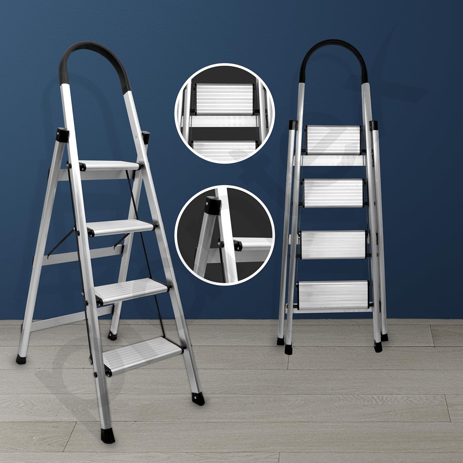 Plantex Surestep 4 Step Aluminum Ladder for Home/Non-Slip Wide-Step Foldable Ladder with Knee Guard, PVC Shoes and Cross Bars (Anodize-Silver)