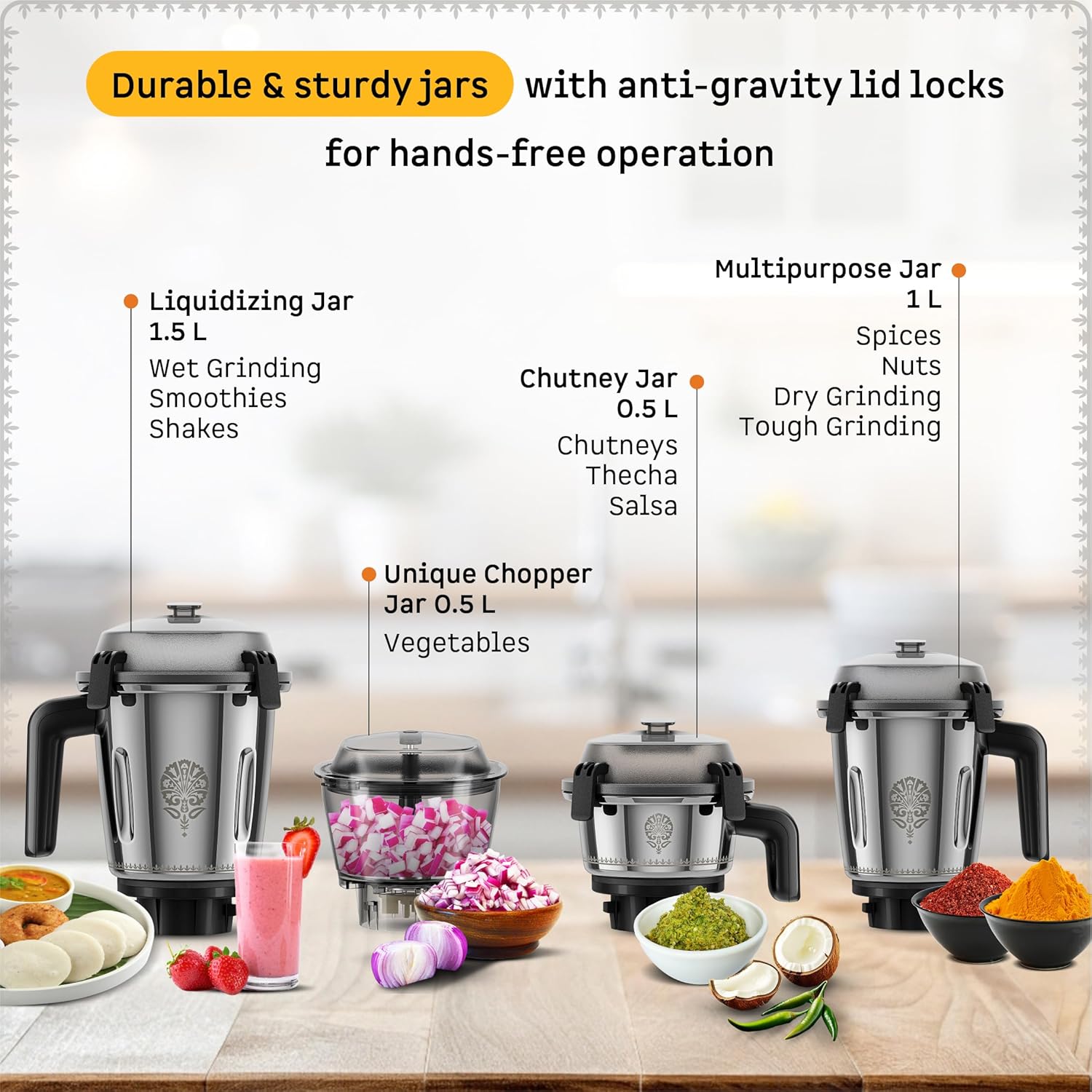 Atomberg Tavi Mixer Grinder | 𝟏𝟏𝟎𝐕 𝐎𝐧𝐥𝐲 𝐟𝐨𝐫 𝐔𝐒 & 𝐂𝐚𝐧𝐚𝐝𝐚 | Unique Coarse Mode for Silbatta-Like Texture | Intelligent 600W Motor | 4 Jars Including Chopper Jar | Matte Sand Grey