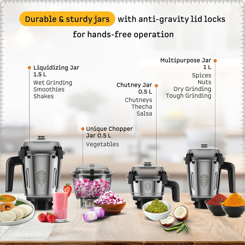 Atomberg Tavi Mixer Grinder | 𝟏𝟏𝟎𝐕 𝐎𝐧𝐥𝐲 𝐟𝐨𝐫 𝐔𝐒 & 𝐂𝐚𝐧𝐚𝐝𝐚 | Unique Coarse Mode for Silbatta-Like Texture | Intelligent 600W Motor | 4 Jars Including Chopper Jar | Matte Sand Grey
