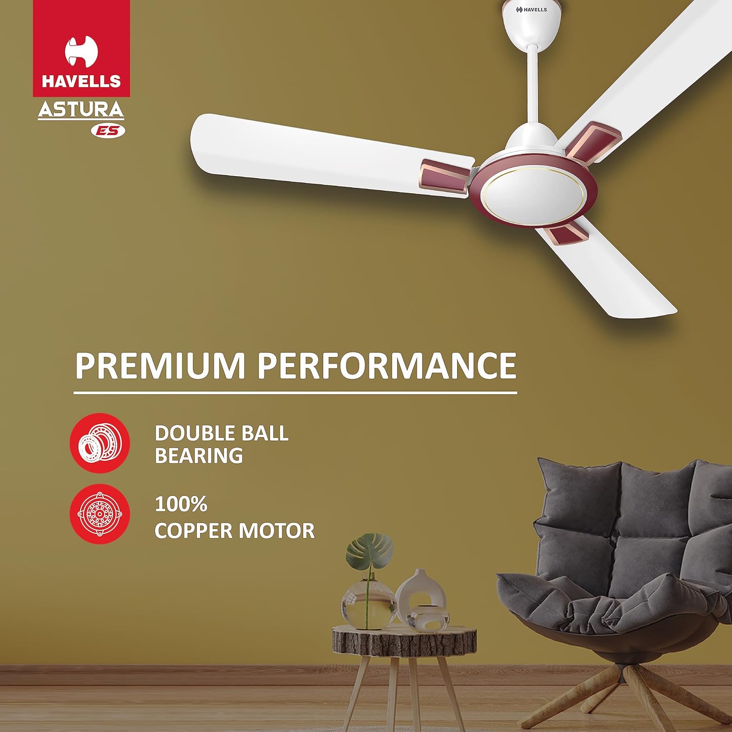Havells 1200mm Astura Energy Saving Ceiling Fan (White Maroon, Pack of 1) 1 Star