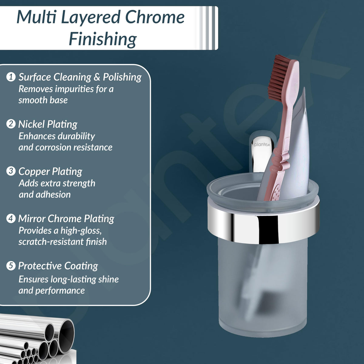 Plantex Rich Brass Bathroom Accessories - Unique Tooth Brush Holder/Tumbler Holder/Toothpaste Holder(Chrome)-3