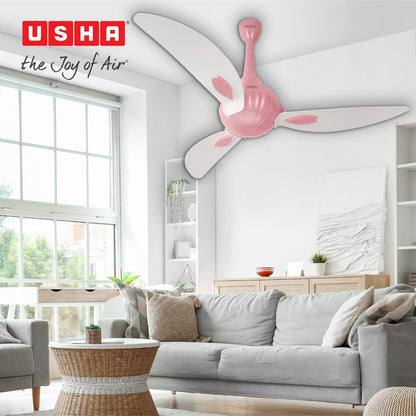 USHA New Bloom Series Helenium (Inspired by Helenium) BLDC Ceiling Fan with Bi-Directional Feature | Sleep/Boost/Timer Modes | RF Remote | Whisper-Quiet | Dust-Resistant (White & Light Pink)