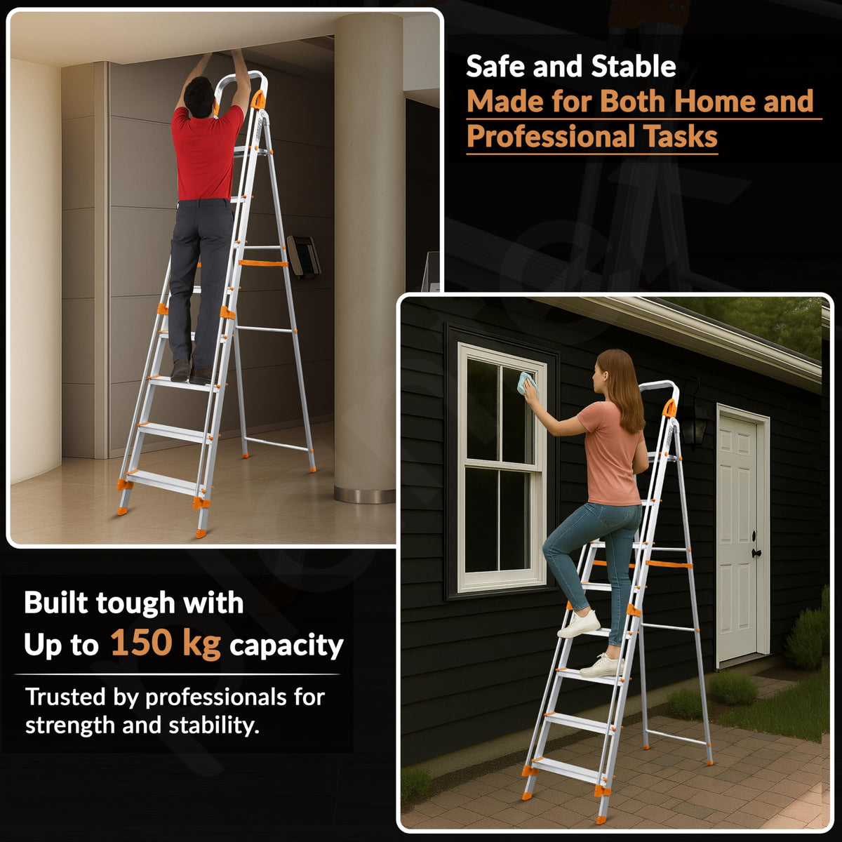 Plantex Secura 8 Step Aluminium Ladder for Home/Foldable Ladder with Safe Hand Rails/5 Year Manufacturer Warranty(Orange-Silver)-6