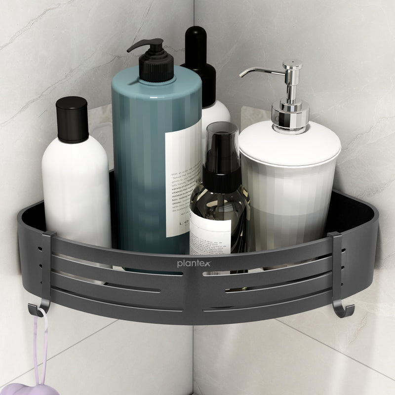 Plantex Corner Shelf for Bathroom Wall/Self Adhesive Bathroom Shelf Rack/Bathrooms Organiser Without Drill/Side Corner Shelf with Removable Hooks -(9 x 9 inches, Matt Grey)-1