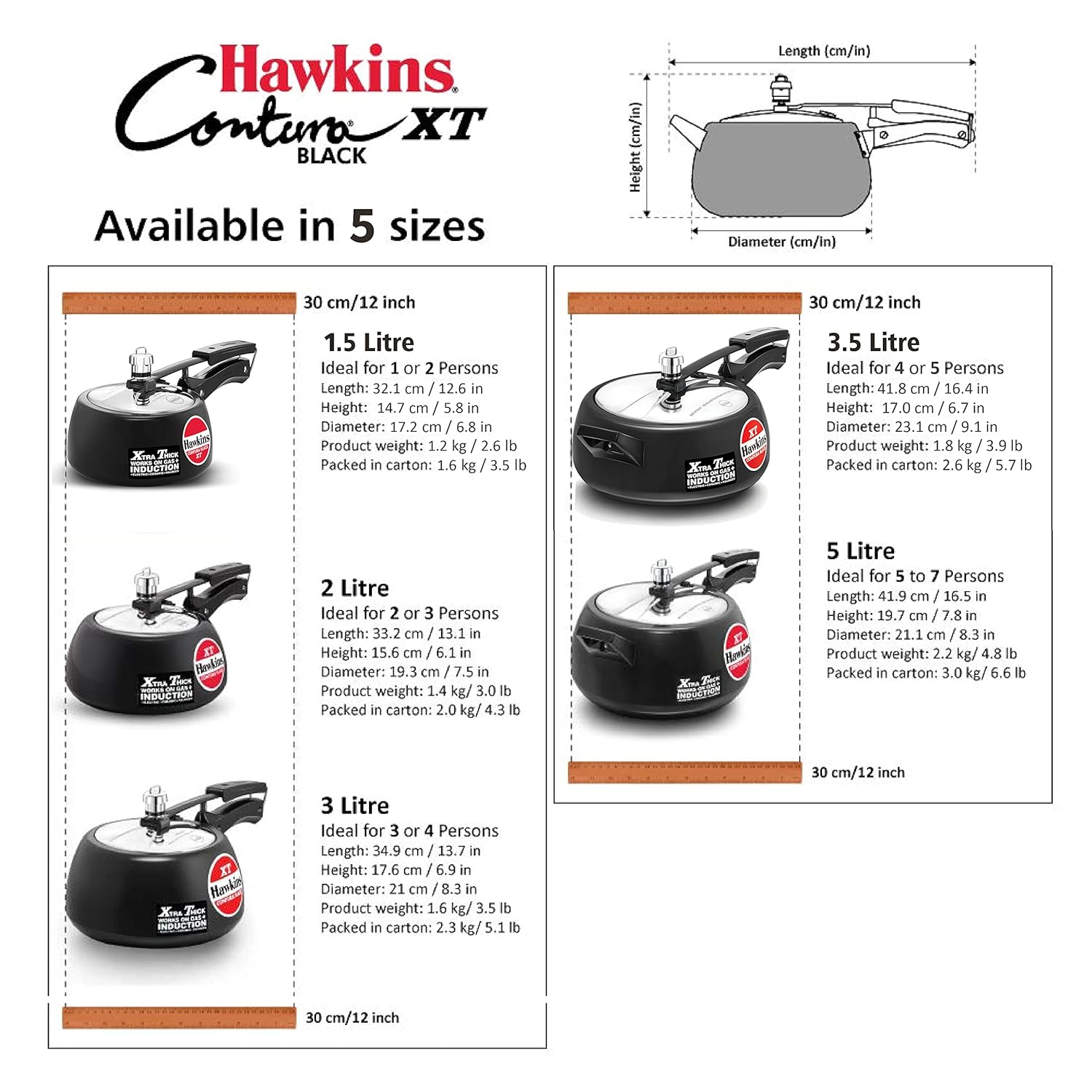 Hawkins Pressure Cooker Contura Hard Anodized Extra Thick Base for Induction, 3.5 L (Black)