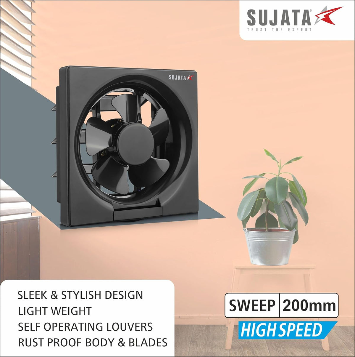 Sujata 200 mm Premium Exhaust Fan for Kitchen, Bathroom & Office - EPB81HS (High Speed) - Black
