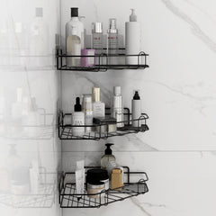 Plantex Self Adhesive Corner Shelf for Bathroom/Adhesive Shelf for Kitchen - with Magic Sticker/Bathroom Organizer Without Drill - Pack of 3 (Diamond, Black)-1