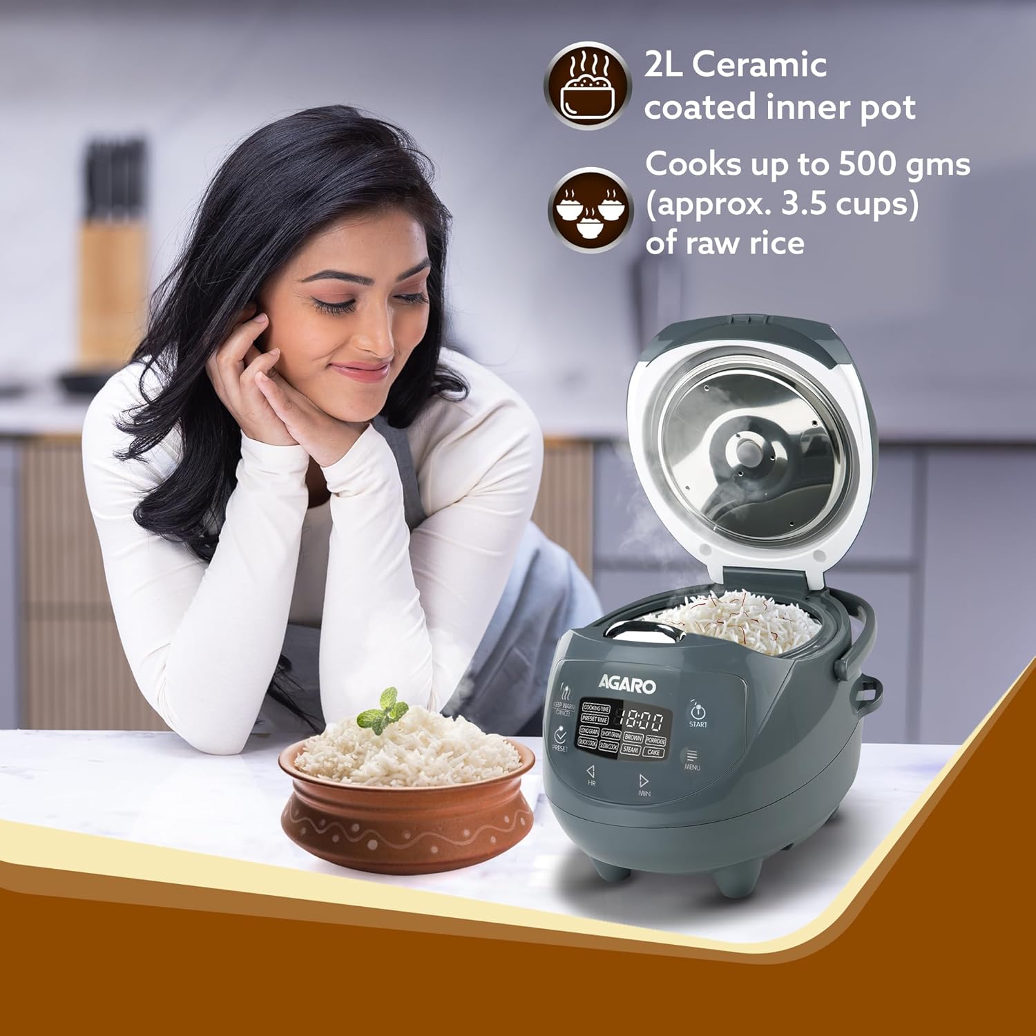 AGARO Imperial Electric Rice Cooker, 2L Ceramic Coated Inner Bowl, 500 gms (approx. 3.5 cups) raw rice, Steam Basket, 8 Preset Cooking Function, Advanced Fuzzy Logic, 24Hrs Keep Warm Function, 350W