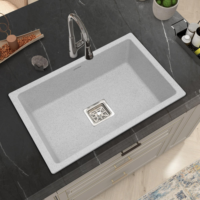 Plantex Quartz Sink for Kitchen/UV Protected Mosaic Grey Kitchen Sink/Granite Single Bowl Sink/Undermount/Topmount (Mosaic Grey-24x18 Inches)-1