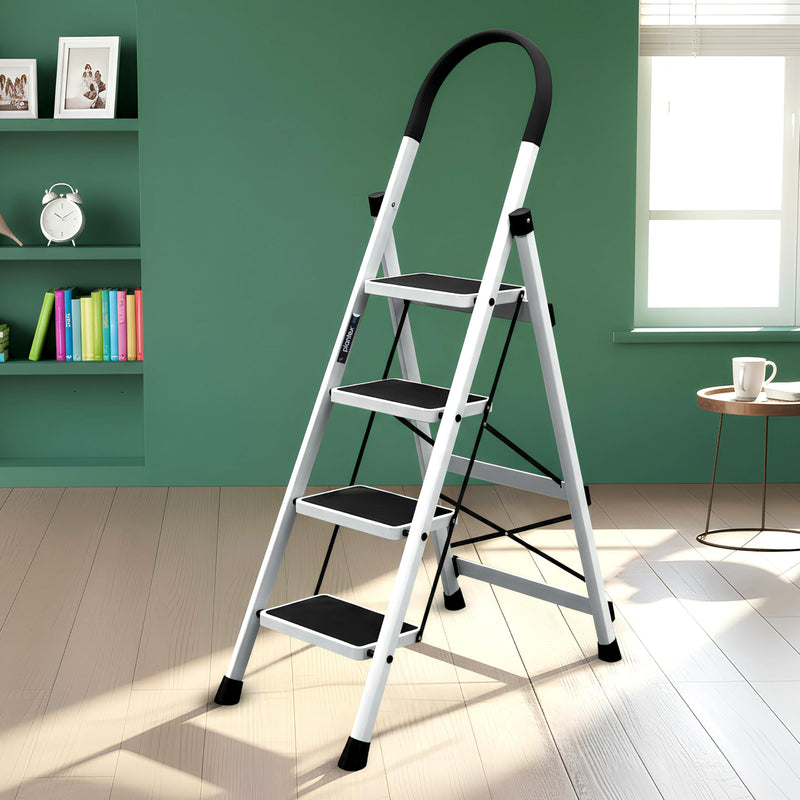 Plantex Ladder for Home 5 Steps/Foldable Ladder with Anti-Skid Wide Steps (30L x 20W cm)/Strong D-Shape Pipe with X-Support for More Stability/5 Year Warranty(Apex-White)