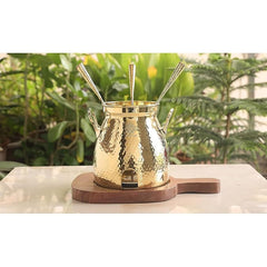 Indian Art Villa Brass Table Tandoor with Wooden Base and 3 Skewers, Hammered Design, Tabletop Oven for Indian Cooking - Home, Hotel and Restaurant Use, Diameter - 12 Inch