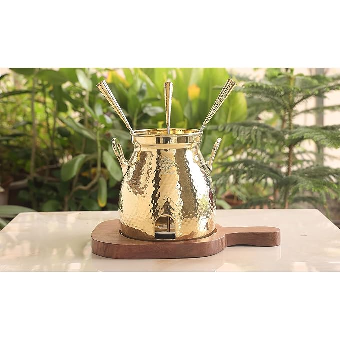 Indian Art Villa Brass Table Tandoor with Wooden Base and 3 Skewers, Hammered Design, Tabletop Oven for Indian Cooking - Home, Hotel and Restaurant Use, Diameter - 12 Inch