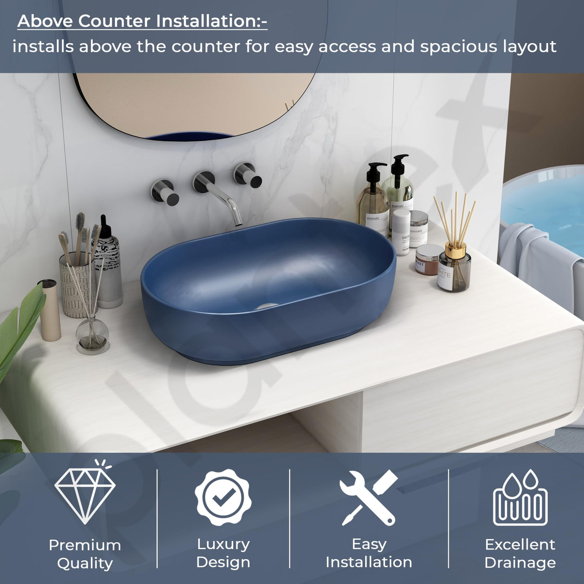 Plantex Wash Basin for Bathroom/Tabletop Designer Ceramic Basin/Countertop Basin/Home/Office (Blue - 22 x 14 x 6 Inch)-2