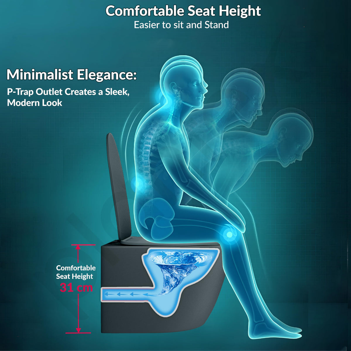 Plantex Imported Ceramic Wall Hung Commode/Rimless Washdown Flush Western Toilet/Commode with Soft Closing Toilet Seat - P Trap (Round - Matt Grey)-4