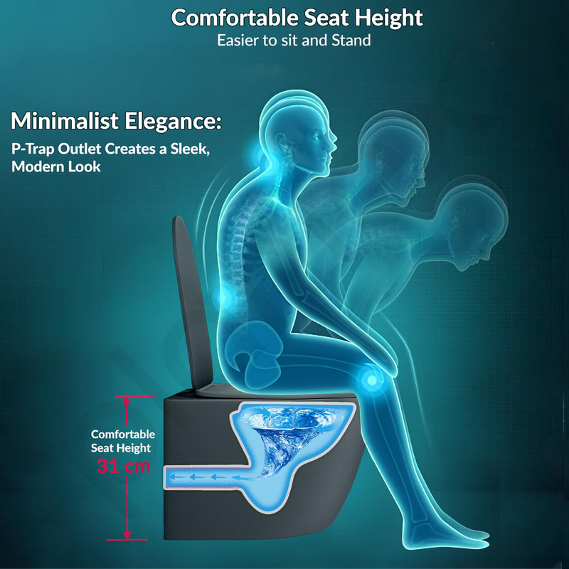 Plantex Imported Ceramic Wall Hung Commode/Rimless Washdown Flush Western Toilet/Commode with Soft Closing Toilet Seat - P Trap (Round - Matt Grey)-4