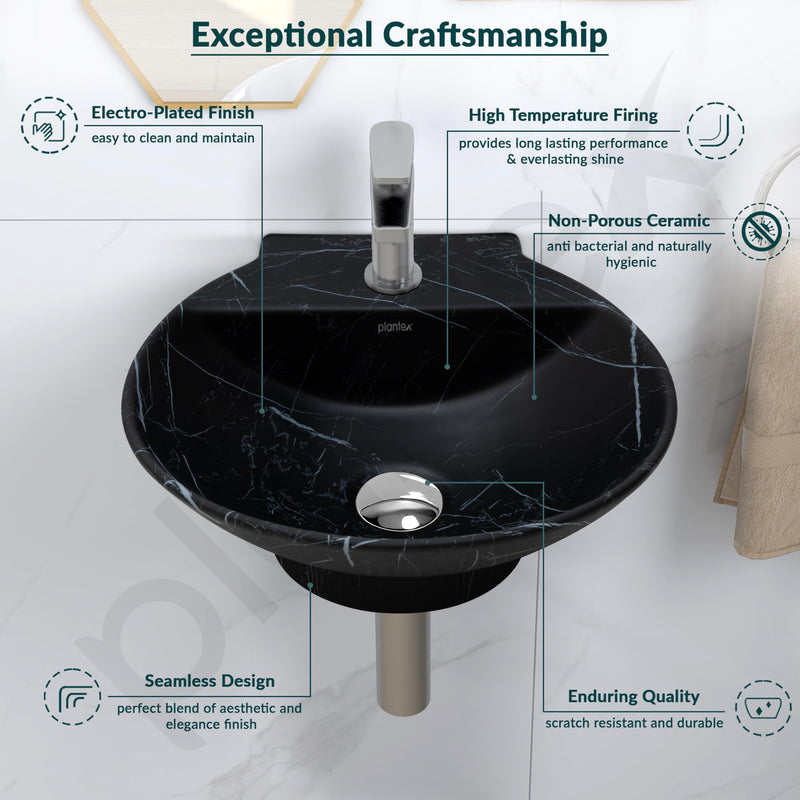 Plantex Ceramic Wall Hung Wash Basin/Wall Mount Basin for Bathroom/Washbasin Sink for Home/Office/Restaurant (Black - 15 x 15 x 5 Inch)-4