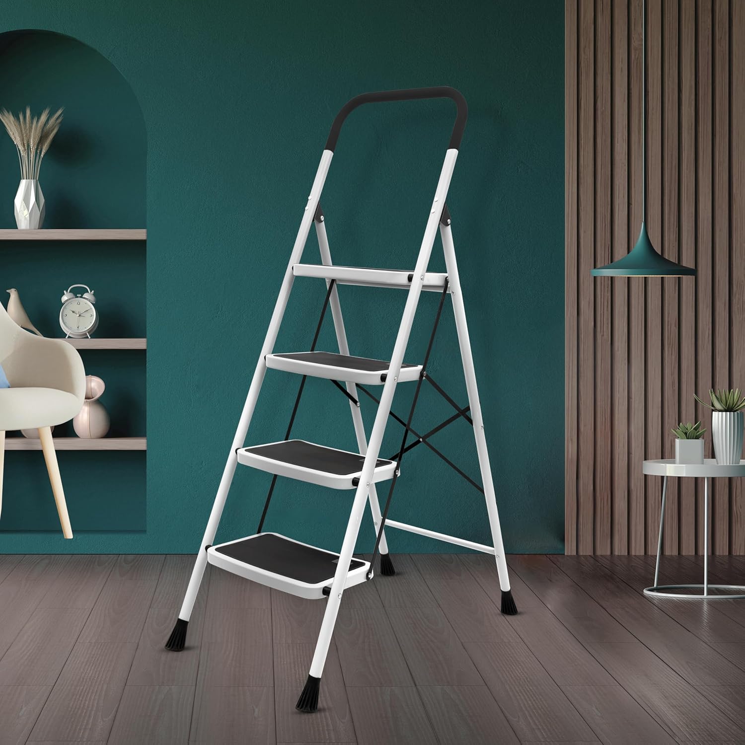 Plantex Alloy Steel 4 Step Ladder For Home/Foldable Strong Wide Step Ladder/Anti- Skid 4 Step Ladder - (White & Black)