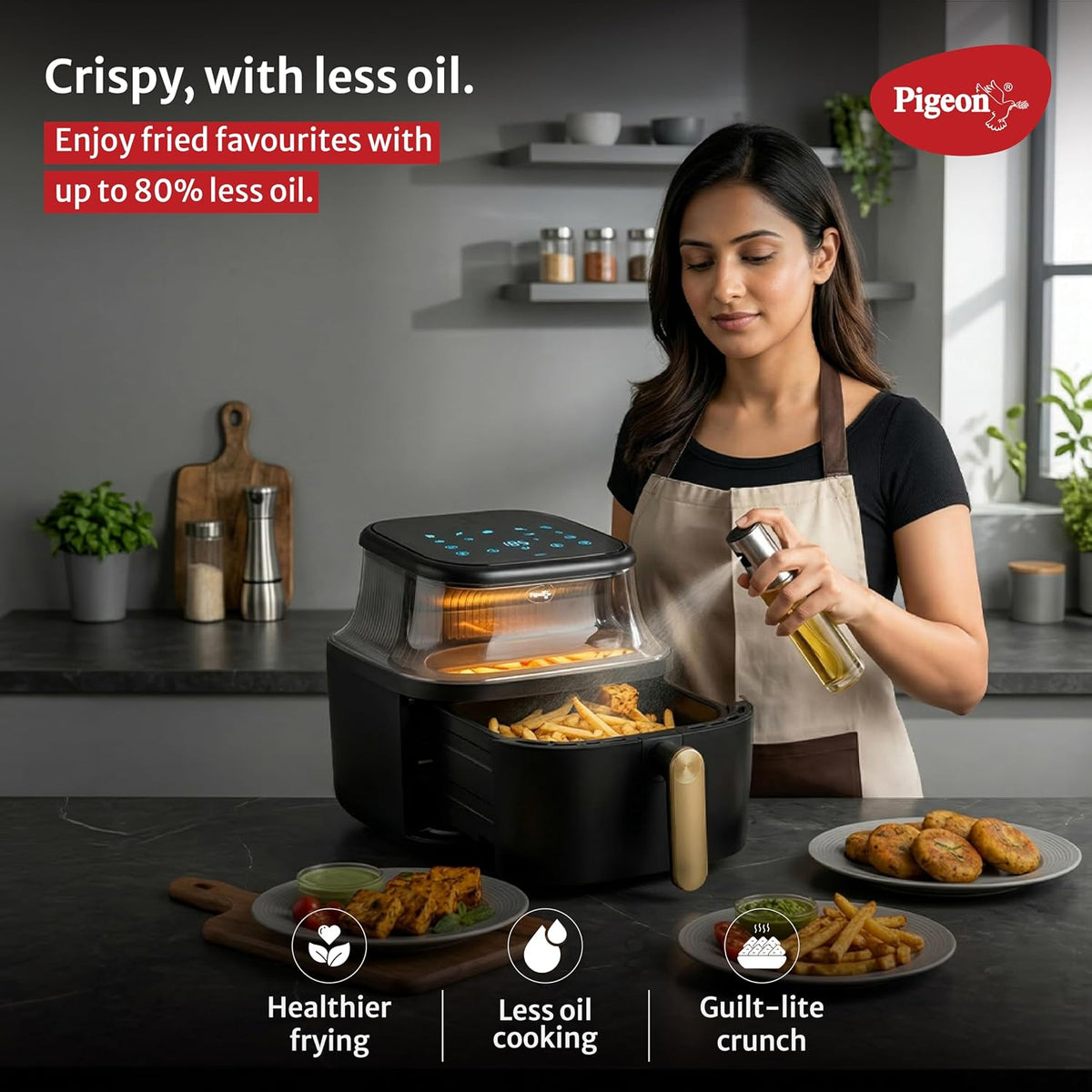 Pigeon by Stovekraft Healthifry 5.4L Digital Air Fryer | 1500W |See Through Glass Window|360° Rapid Air Circulation |80%