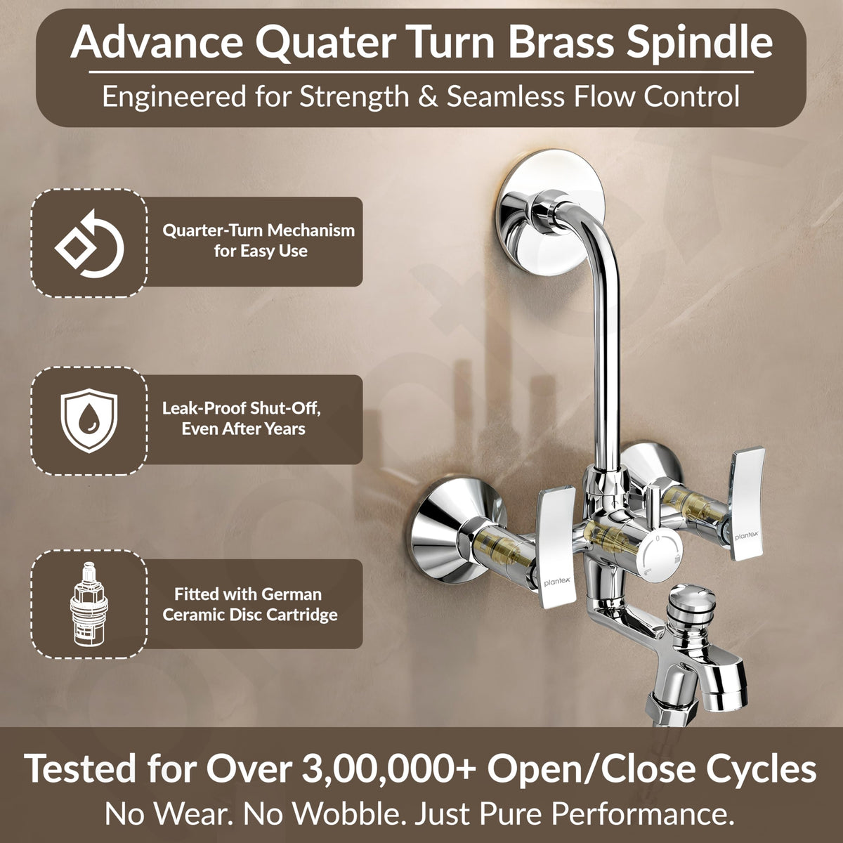 Plantex Pure Brass 3-in-1 Wall Mixer with L-Bend Provision for Overhead and Hand Shower/Bathroom Mixer Tap with Brass Wall Flange & Teflon Tape/Wall Mixer for Bathroom - (Star, Chrome)-3