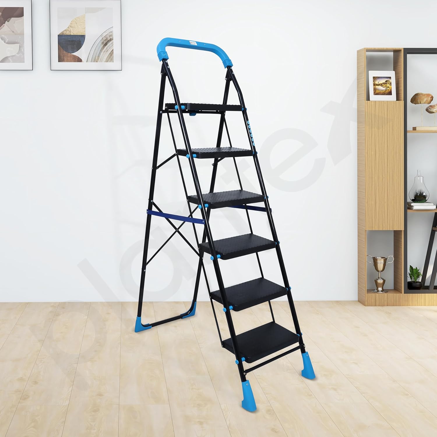 Plantex Stylo Heavy-Duty Mild-Steel Folding 6 Step Ladder for Home with Advanced Locking System/Wide Anti-Skid Step Ladder (Black & Blue)