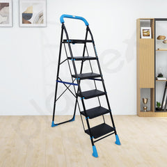 Plantex Stylo Heavy-Duty Mild-Steel Folding 6 Step Ladder for Home with Advanced Locking System/Wide Anti-Skid Step Ladder (Black & Blue)