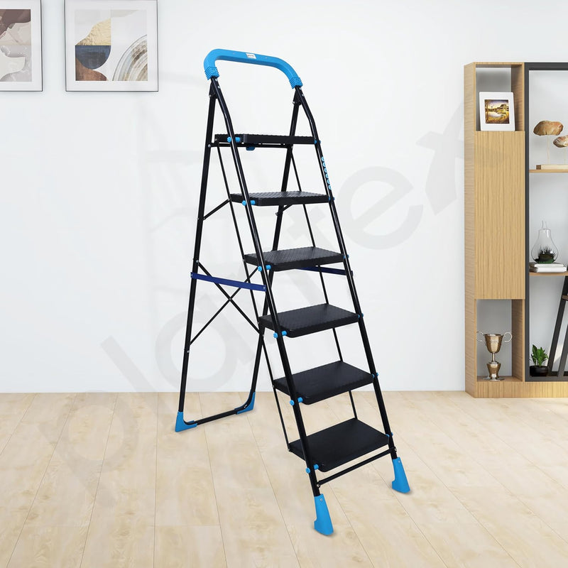 Plantex Stylo Heavy-Duty Mild-Steel Folding 6 Step Ladder for Home with Advanced Locking System/Wide Anti-Skid Step Ladder (Black & Blue)