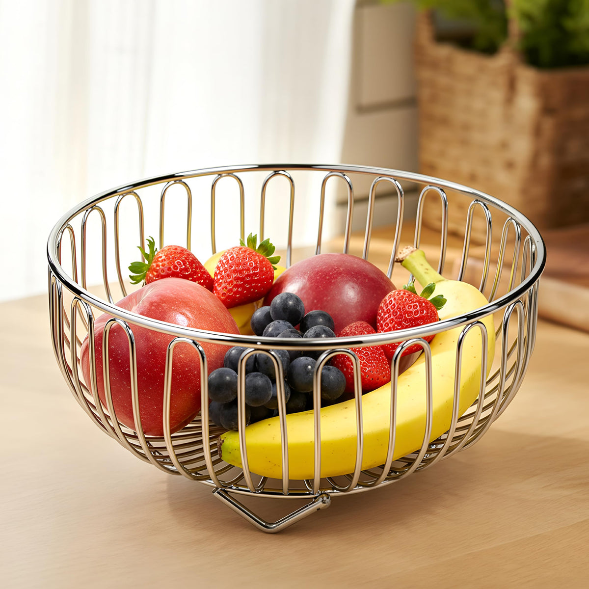 Plantex Stainless Steel Fruit Basket for Dining Table/Onion Potato Rack for Kitchen/Wired Fruit Bowl for Countertop Storage Chrome Finish