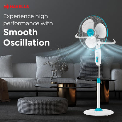 Havells Gatik Pro 400mm Pedestal Fan| 120 Ribs Guard for Safety| Smooth Oscillation| Heavy Base| ISI Marked | 2 Year Warranty | Blue