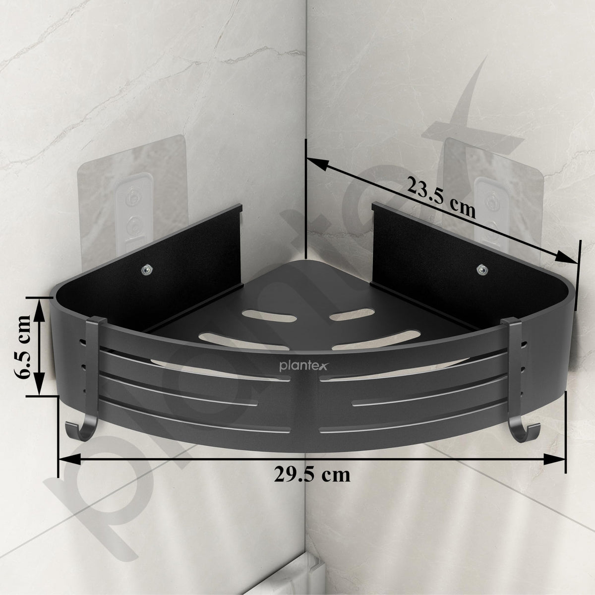 Plantex No Drill Corner Shelf for Bathroom Wall/Aluminium Self Adhesive Shelf/Bathroom Side Corner Shelf with Removable Hooks (9x9 inches, Matt Grey) - Pack of 2-3