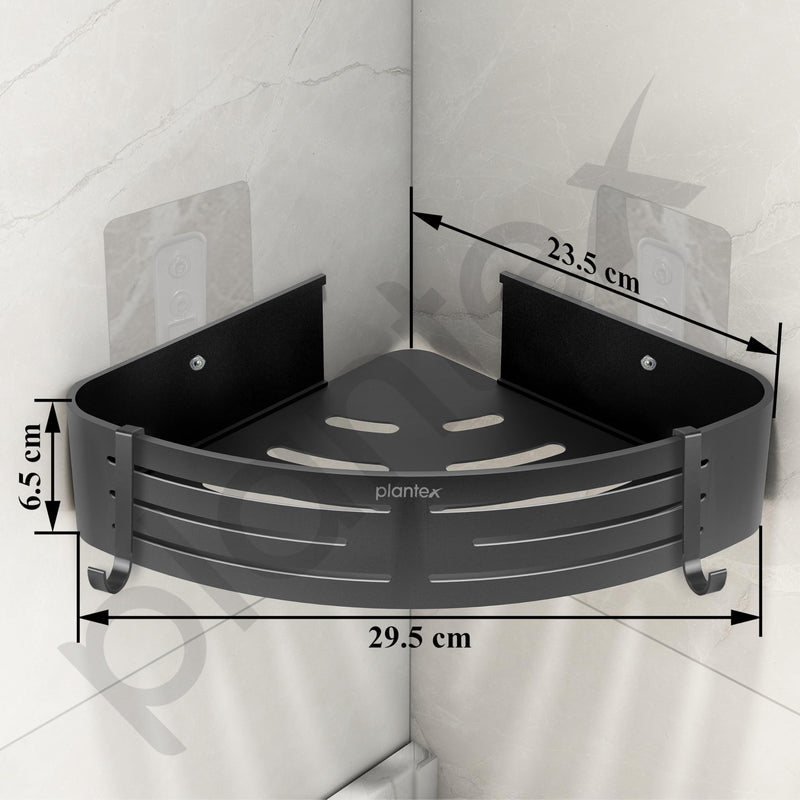 Plantex Corner Shelf for Bathroom Wall/Self Adhesive Bathroom Shelf Rack/Bathrooms Organiser Without Drill/Side Corner Shelf with Removable Hooks -(9 x 9 inches, Matt Grey)-3