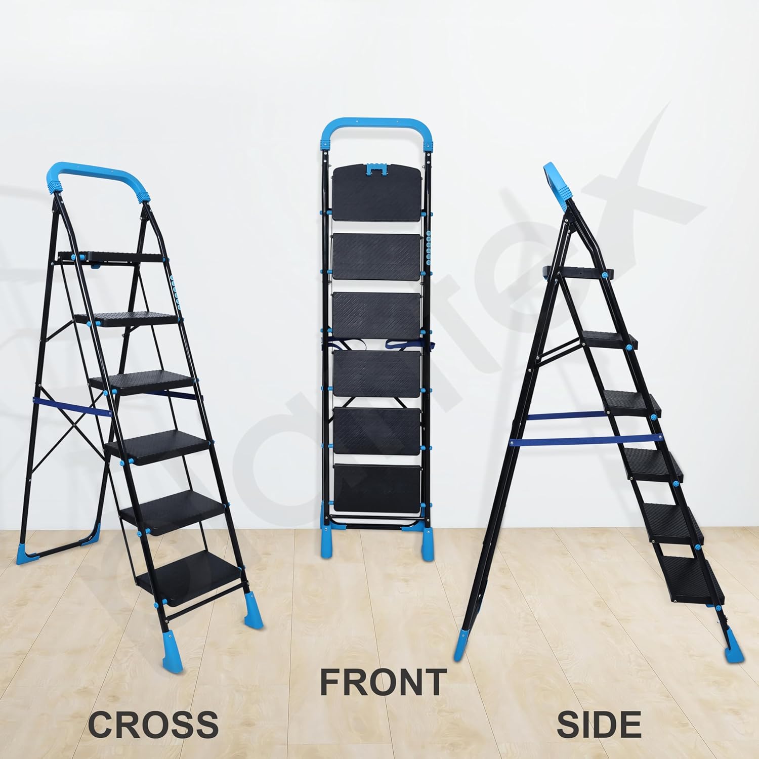 Plantex Stylo Heavy-Duty Mild-Steel Folding 6 Step Ladder for Home with Advanced Locking System/Wide Anti-Skid Step Ladder (Black & Blue)