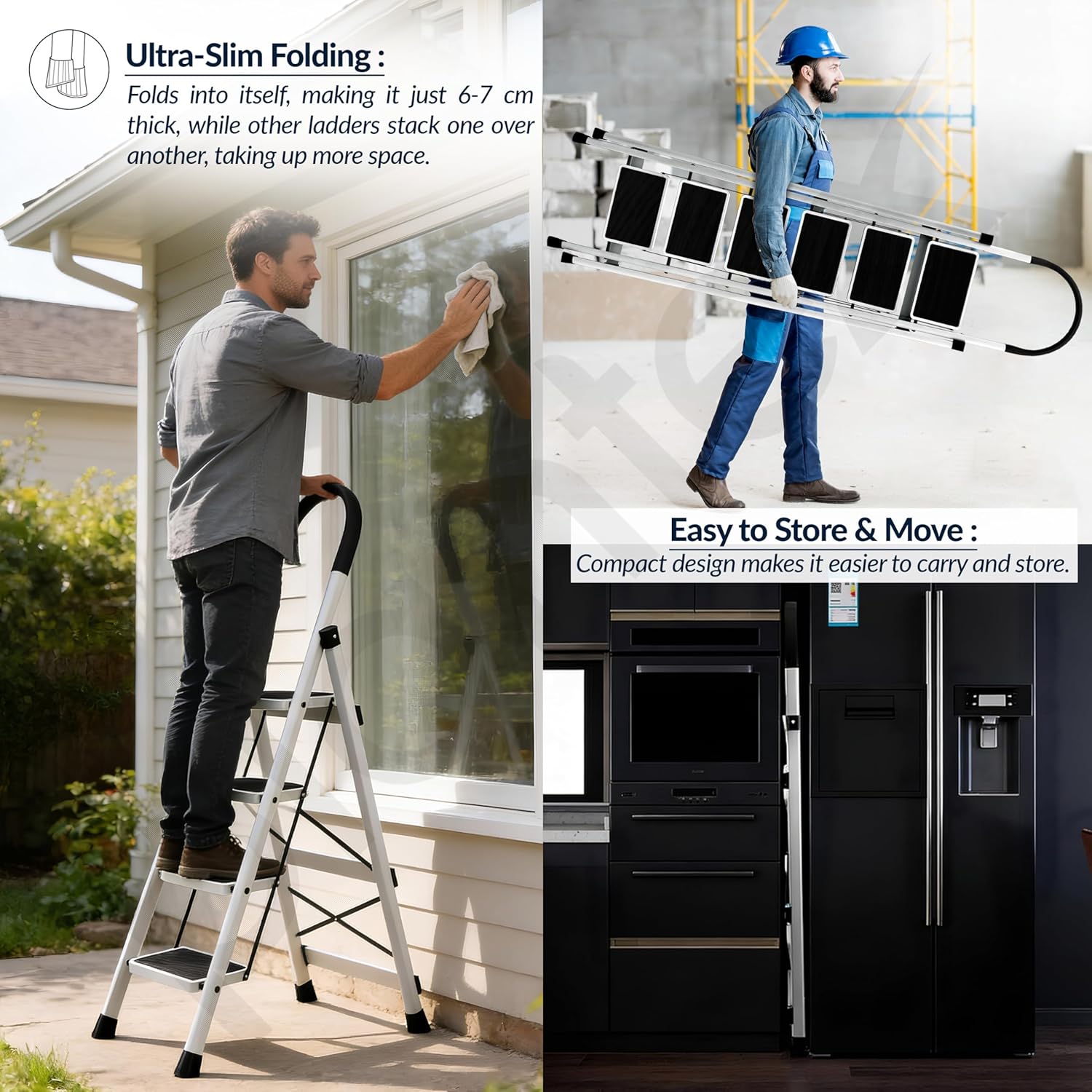 Plantex Ladder for Home 6 Steps/Foldable Ladder with Anti-Skid Wide Steps (30L x 20W cm)/Strong D-Shape Pipe with X-Support for More Stability/5 Year Warranty(Apex-White)