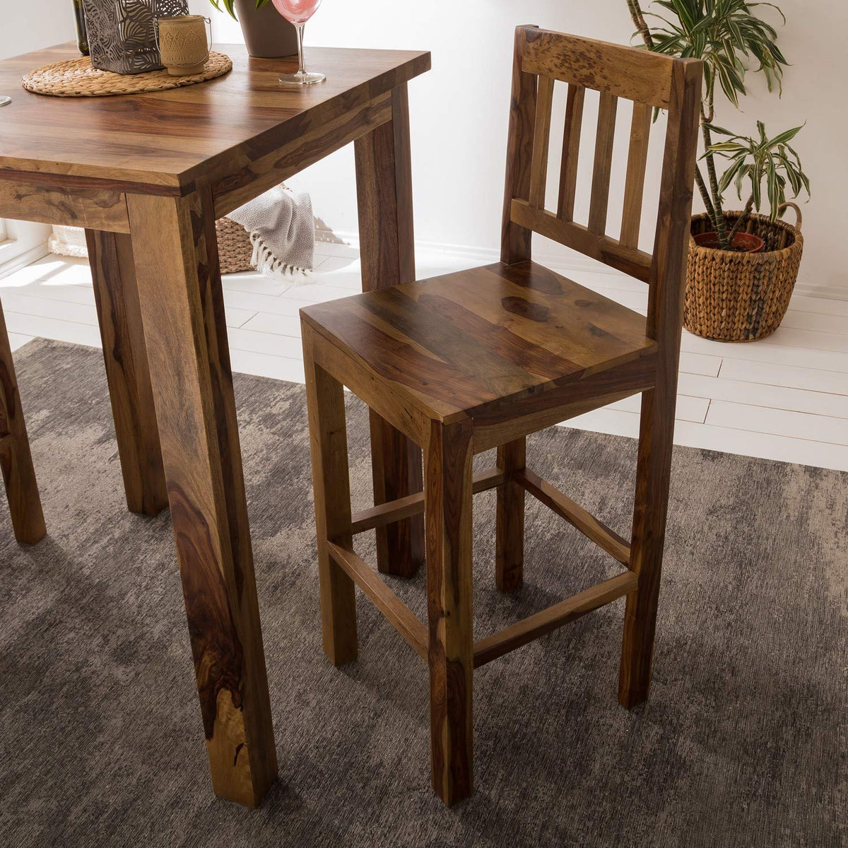 Solid Sheesham Wood Bar Dining Table 2 Seater Set Solid Wooden 2 Seater Bar Dining Table with Bar 2 Chairs Home