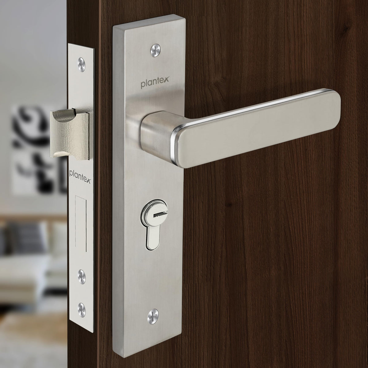 Plantex Heavy-Duty Door Lock Set - Main Door Lock Handle Set/Mortise Lock with 3 Keys, Brass Lock Body & Cylinder (8125 - Steel Satin & Chrome)-1