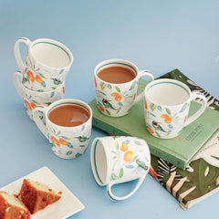 Magique by The Wishing Chair x ClayCraft : Mango Paradise Summer Fine China Ceramic Mug Set of 6 | 200 ml | Tea Cup Set of 6 | Mugs for Coffee | Ideal for Gifting | Perfect for Home & Office