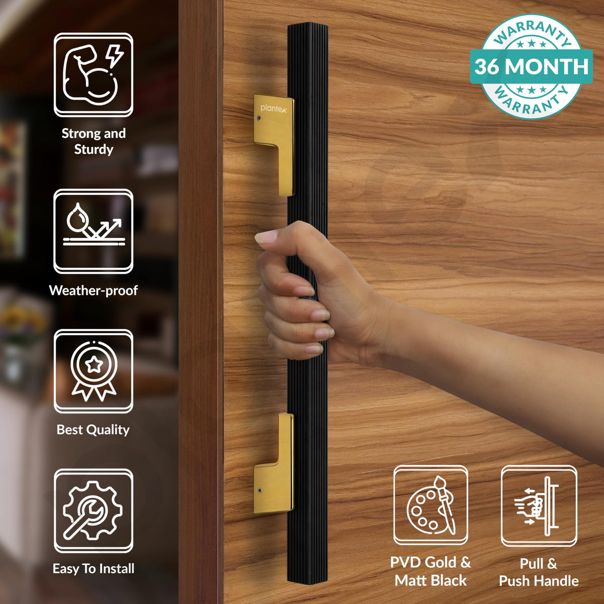 Plantex Door Handle/17 Inch Main Door Handle/Handle for Wooden Door/Pull-Push Door Handle/Door Accessories (Pack of 1, Black, Gold)-2