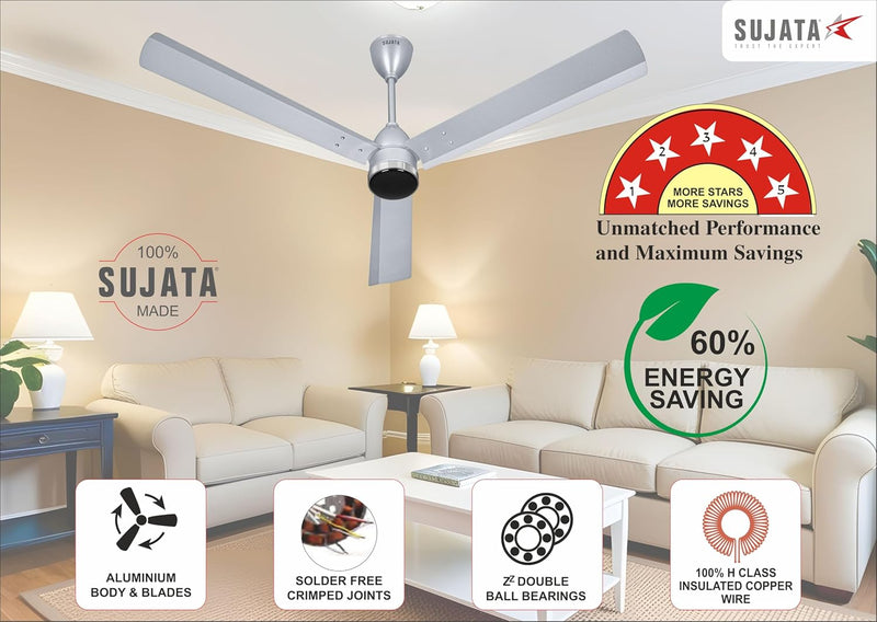 Sujata Slim Air BLDC 1200 mm Ceiling Fan with Remote | 5 Star - Gray Chrome