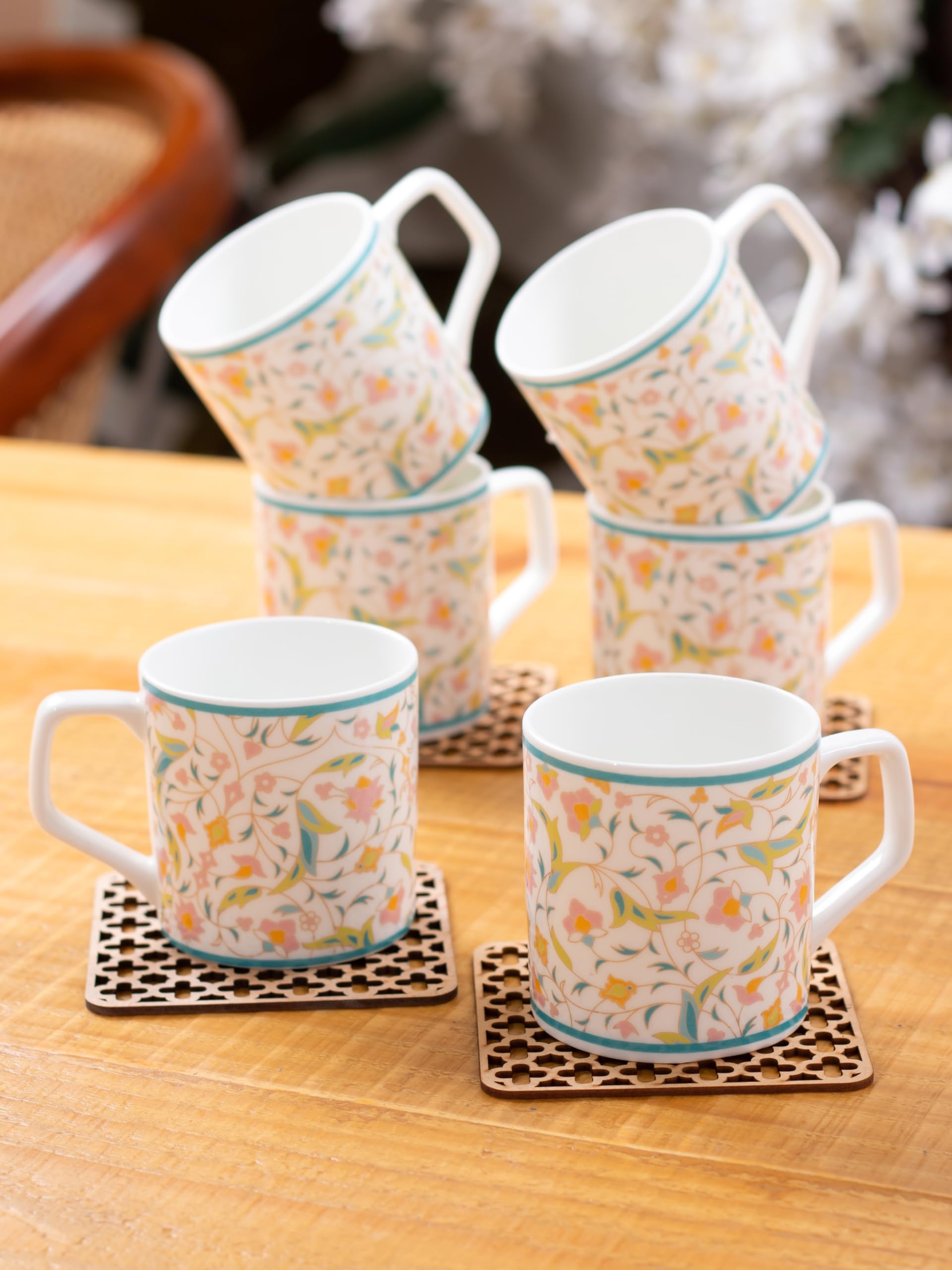 Clay Craft Director Hilton 390 Bone China Coffee Mug Set, 220ml/6.6cm, Set of 6, Multicolour- (CM-Director-Hilton-390), Standard